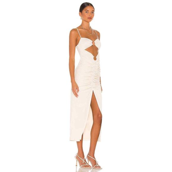 Camila Coelho Yasmeen Midi Dress Cream Jersey Metallic Rings Ruched Sz L - Picture 2 of 10